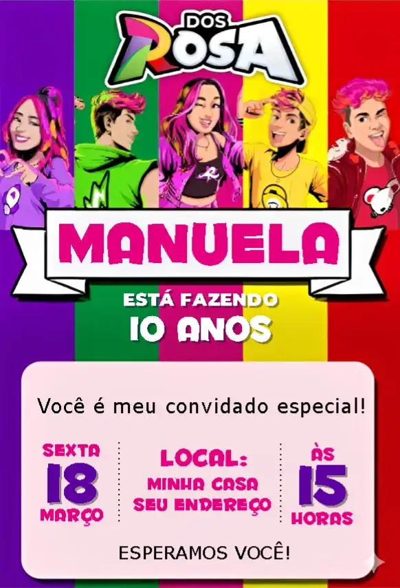 Convite Convite Emily Vick desenho 1 – tema Aniversário Infantil colorido, divertido, infantil, rosas, moderno, temático