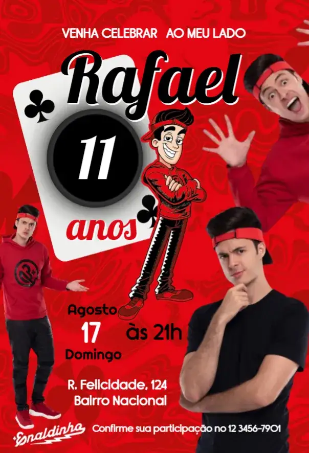 Convite Convite Enaldinho Vermelho – tema Aniversário Infantil vermelho vibrante, moderno, divertido, jovial, digital, ilustrações animadas