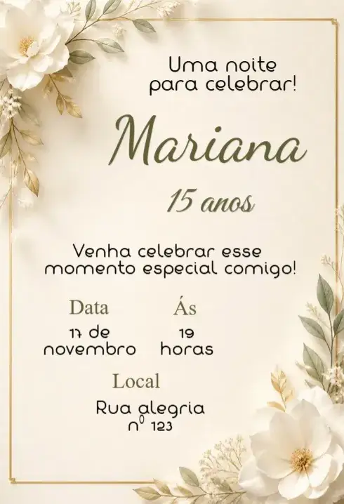 Convite Convite festa de 15 anos editável – tema 15 anos moderno, floral, dourado, vintage, romântico, boho