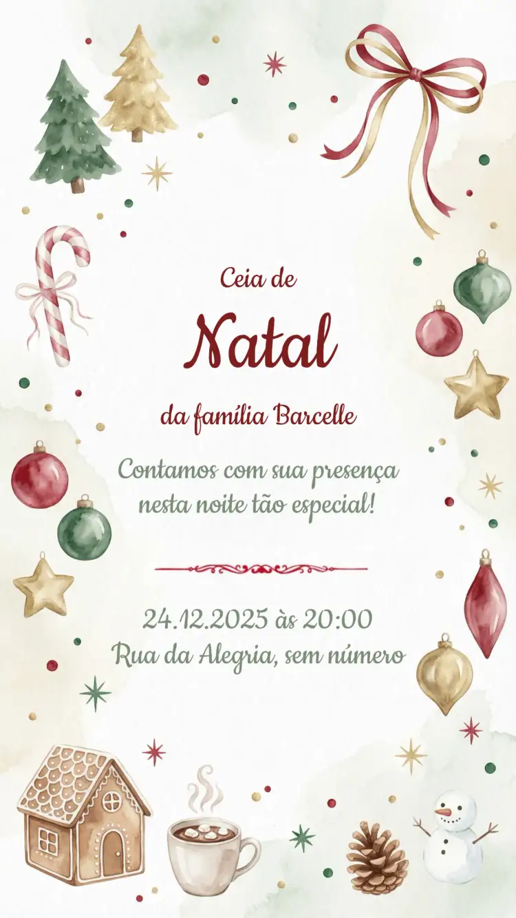 Convite Convite festa de Natal – tema Datas Comemorativas vermelho e verde, dourado, minimalista, vintage, temático, ilustrações natalinas