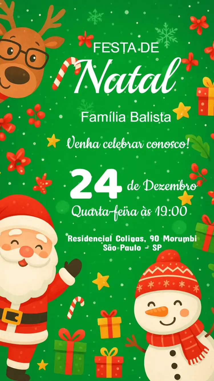 Convite Convite festa de Natal – tema Datas Comemorativas vermelho e verde, dourado brilhante, elementos natalinos, vintage, moderno, divertido