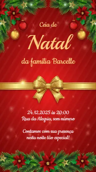 Convite Convite festa de Natal – tema Datas Comemorativas vermelho e verde, dourado e prateado, minimalista, vintage, rústico, moderno