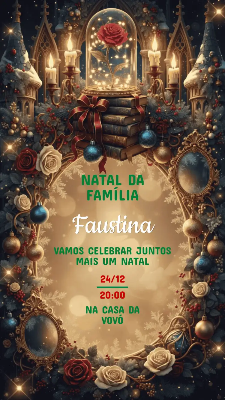 Convite Convite Festa de Natal – tema Datas Comemorativas vermelho e verde, dourado, ilustrações natalinas, vintage, minimalista