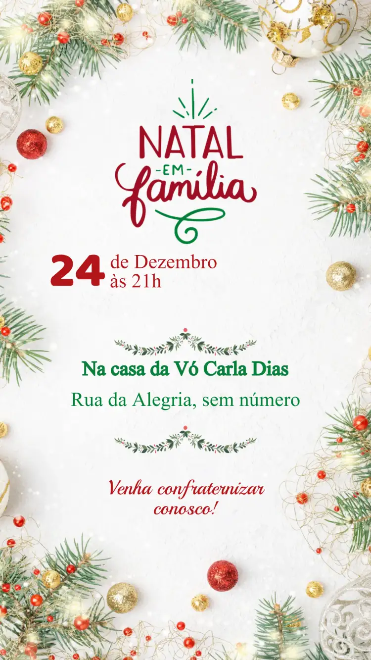 Convite Convite Festa de Natal – tema Datas Comemorativas vermelho e verde, dourado e prateado, vintage natalino, moderno e minimalista, floral natalino, boho natal