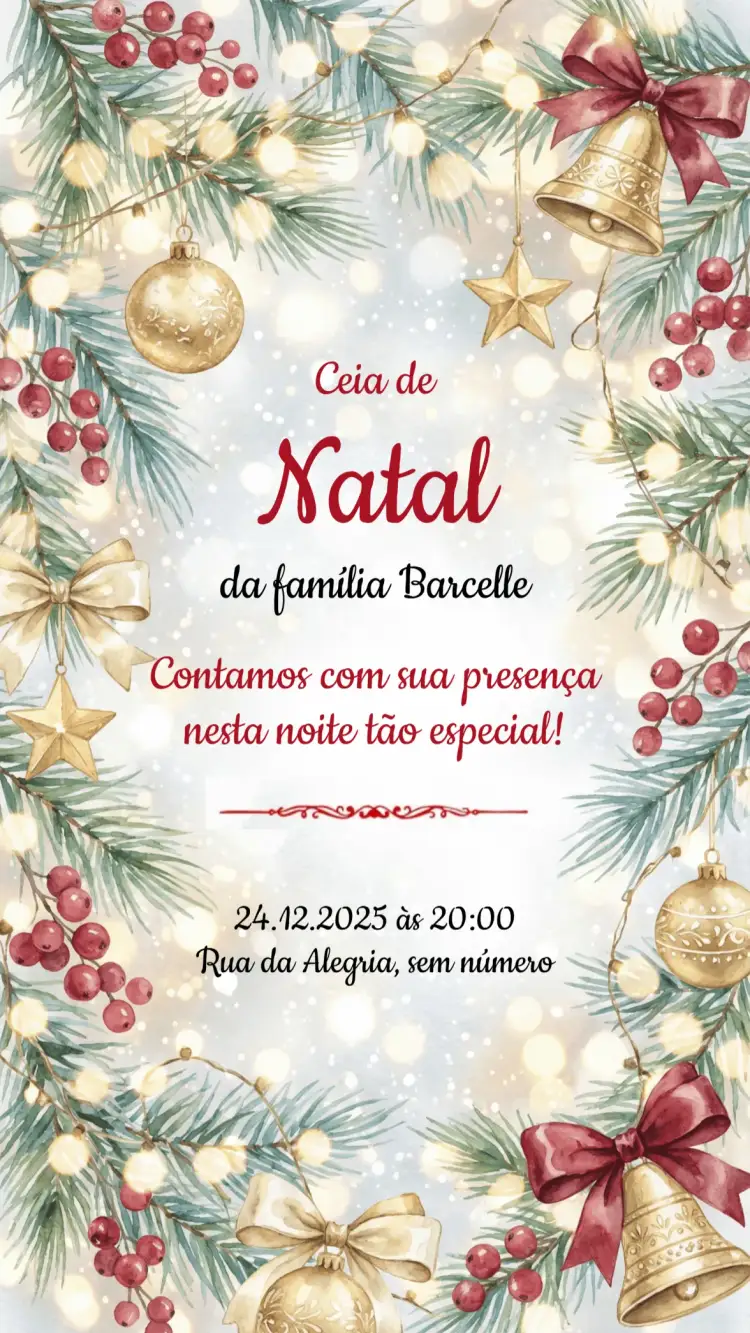 Convite Convite festa de Natal – tema Datas Comemorativas vermelho e verde, dourado e branco, minimalista, vintage, festivo, moderno