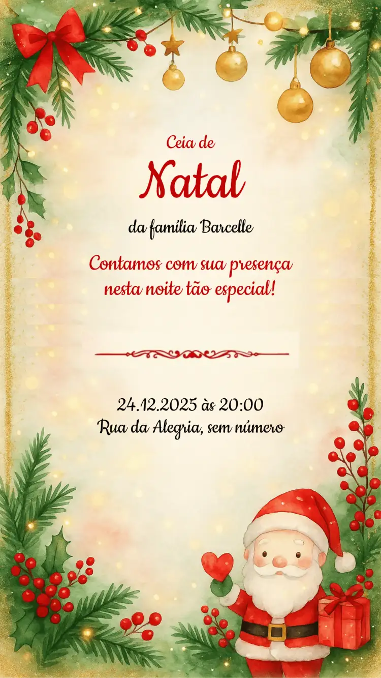 Convite Convite festa de Natal – tema Datas Comemorativas vermelho e verde, dourado e branco, estilo vintage, minimalista, festivo, com elementos natalinos