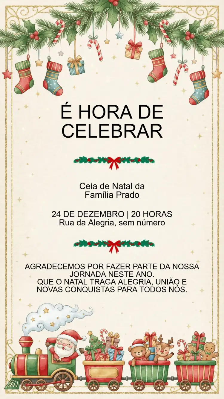 Convite Convite festa de Natal – tema Datas Comemorativas vermelho e verde, floral natalino, minimalista, vintage, moderno, dourado