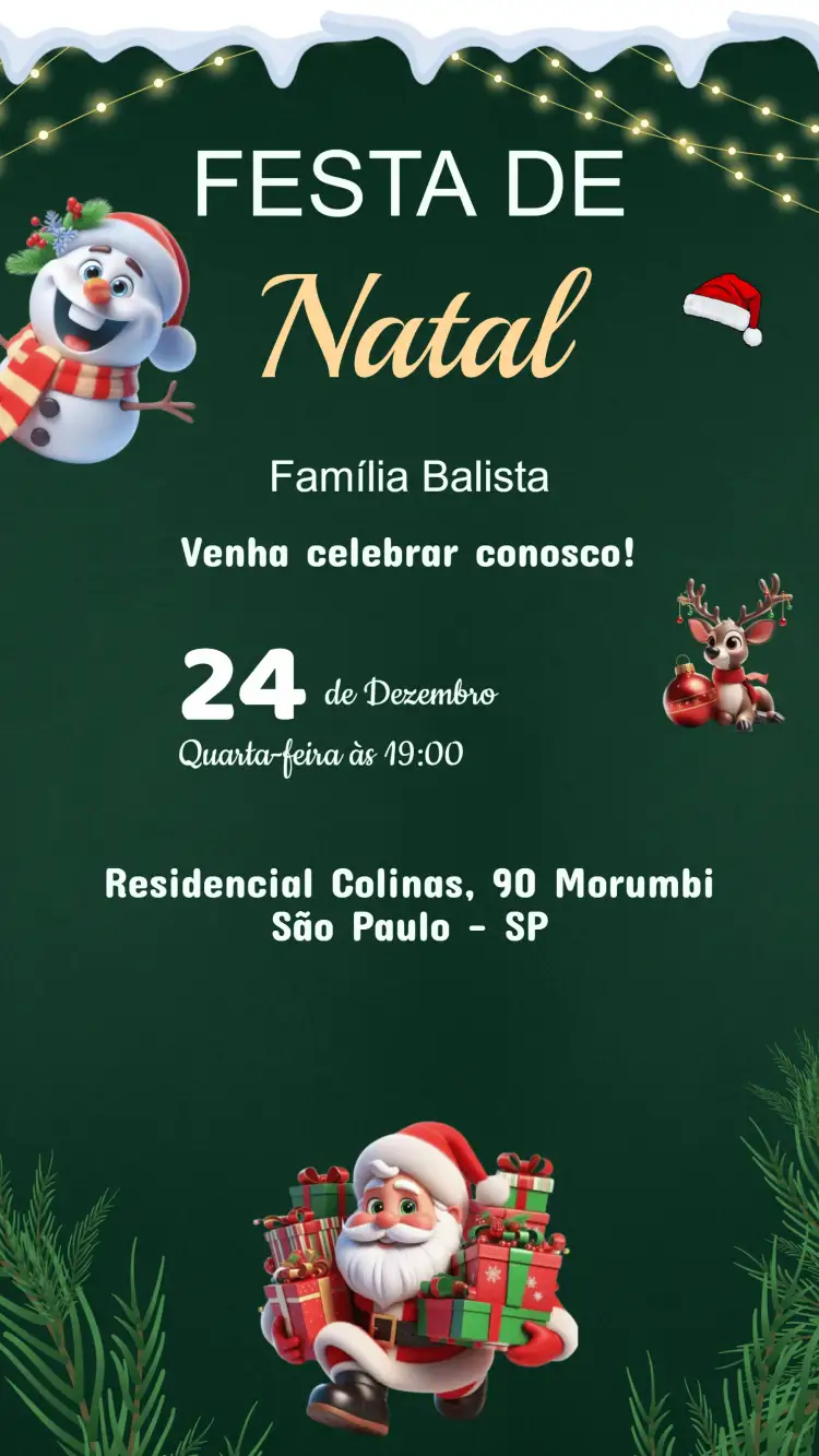 Convite Convite Festa de Natal – tema Datas Comemorativas vermelho e verde, dourado e prateado, minimalista, vintage, natalino, neve e flocos