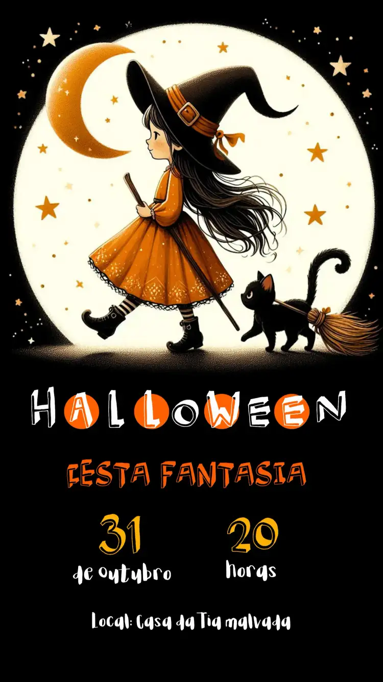 Convite Convite Festa do Halloween – tema Datas Comemorativas cores escuras, elementos gráficos de Halloween, estilo divertido, design assombrado, ilustrações de bruxas, morcegos e fantasmas