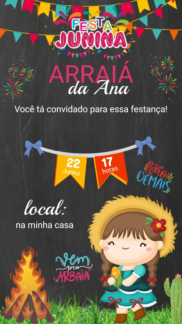 Convite Convite Festa Junina – tema Datas Comemorativas colorido, tradicional, vintage, rústico, festivo, brasileiro