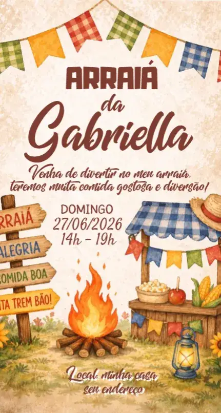 Convite Convite Festa Junina – tema Datas Comemorativas vibrante, tradicional, colorido, rústico, festivo