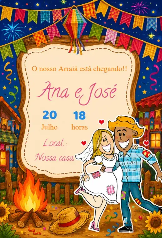 Convite Convite Festa Junina Arraiá – tema Aniversário colorido, tradicional, vintage, rústico, alegre, festivo