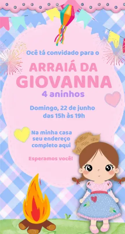 Convite Convite Festa Junina Menina – tema Aniversário colorido, tradicional, festivo, infantil, rústico