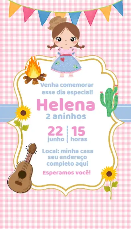 Convite Convite Festa Junina Menina – tema Aniversário rosa, junino, colorido, divertido, temático, festivo