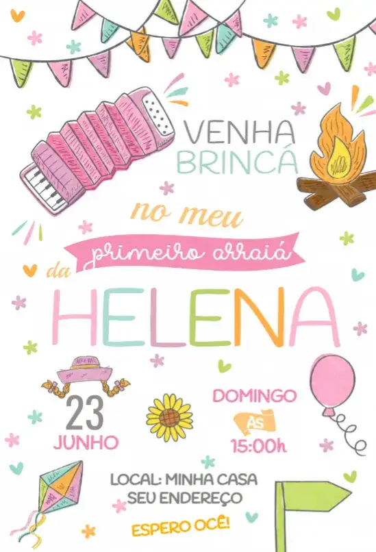 Convite Convite Festa Junina Menina – tema Aniversário rosa, junino, divertido, colorido, festivo, infantil
