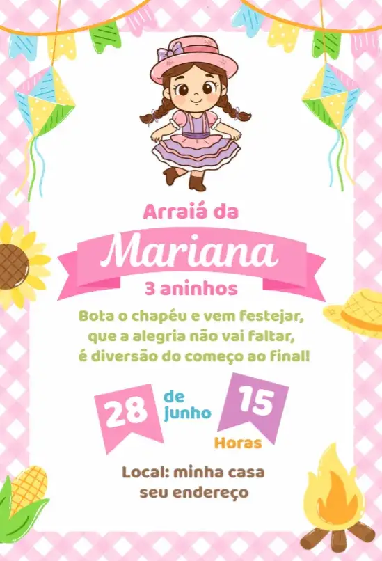 Convite Convite Festa Junina Menina – tema Aniversário rosa, vintage, temática junina, colorido, divertido, infantil