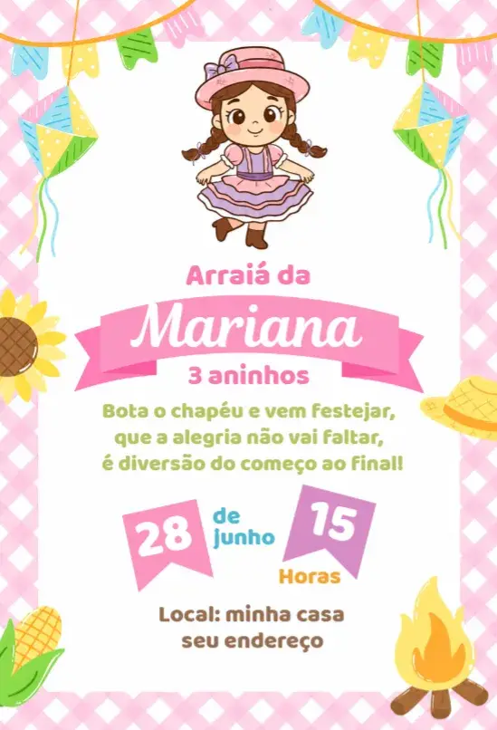 Invite Invitation Junina Party Girl editable and customizable