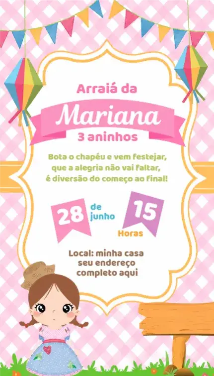 Convite Convite Festa Junina Menina – tema Aniversário rosa, junino, colorido, divertido, infantil, festivo