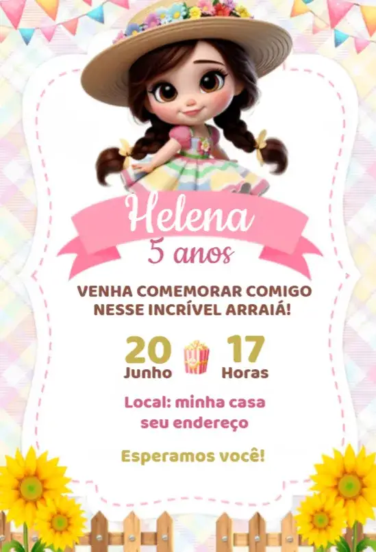 Convite Convite Festa Junina Menina – tema Aniversário rosa, junino, infantil, colorido, divertido, festivo