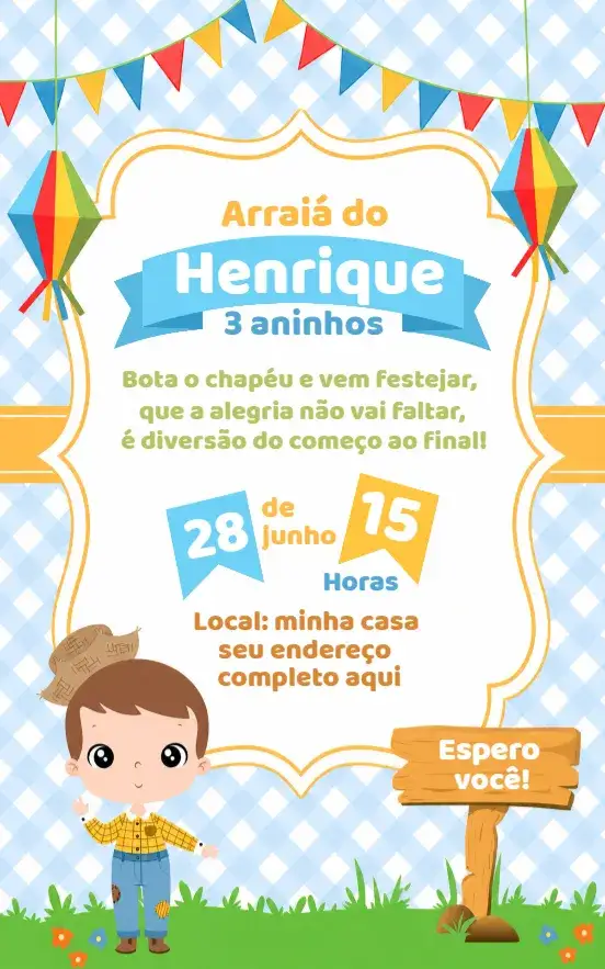 Convite Convite Festa Junina Menino – tema Aniversário azul, junino, festivo, colorido, divertido