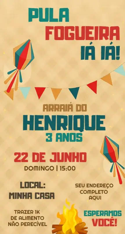Convite Convite Festa Junina São João – tema Aniversário colorido, rústico, tradicional, vintage, festivo, boho