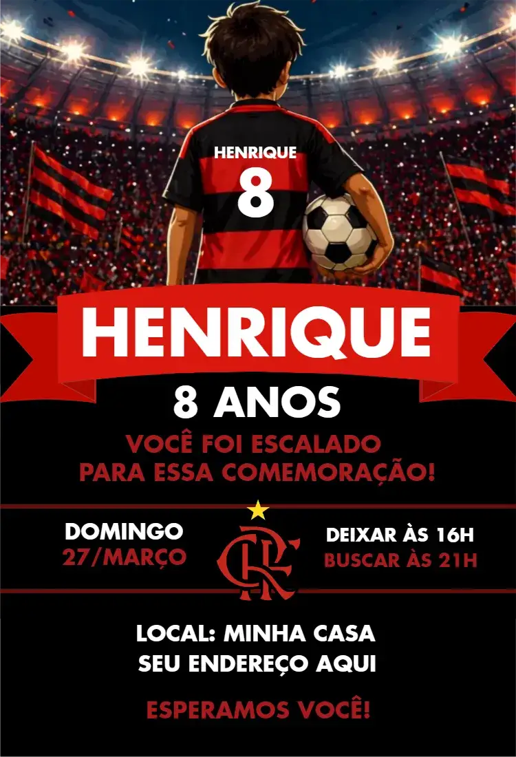 Invitación Convite Flamengo – tema Aniversário vermelho e preto, futebol, estilo esportivo, jovem e vibrante, elementos gráficos do Flamengo, divertido e alegre