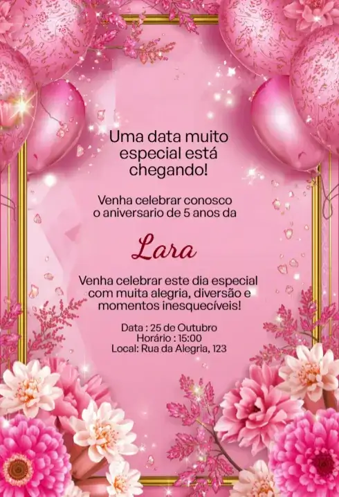 Convite Floral Rosa com Balões Editável para Aniversário Infantil