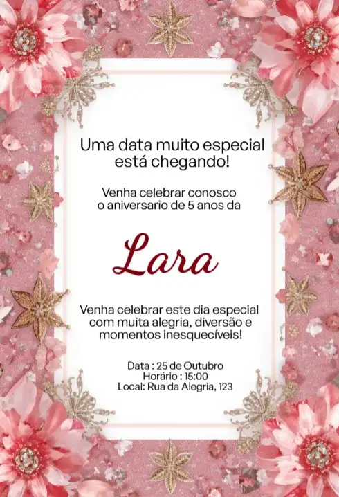 Convite Floral Rosa com Glitter Dourado Editável para Aniversário Infantil