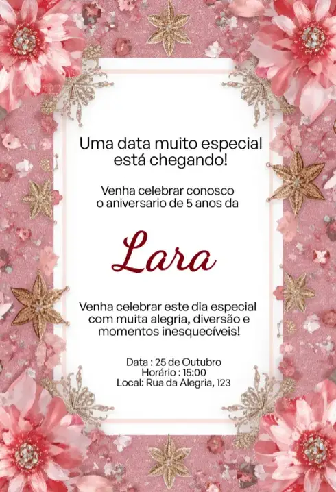 Convite Convite Floral Rosa com Glitter Dourado Editável para Aniversário Infantil – tema Aniversário Infantil floral, rosa, dourado, delicado, feminino, infantil