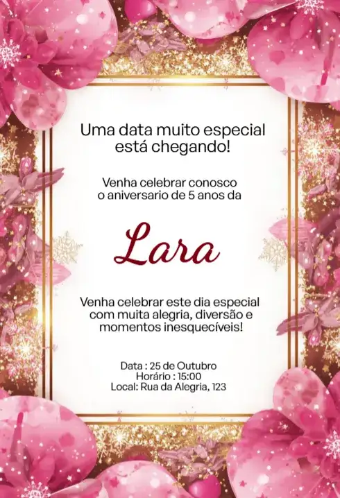 Convite Floral Rosa com Glitter e Balões Editável para Aniversário Infantil