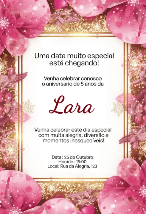 Convite Convite Floral Rosa com Glitter e Balões Editável para Aniversário Infantil – tema Aniversário Infantil floral, rosa, glitter, balões, delicado, feminino