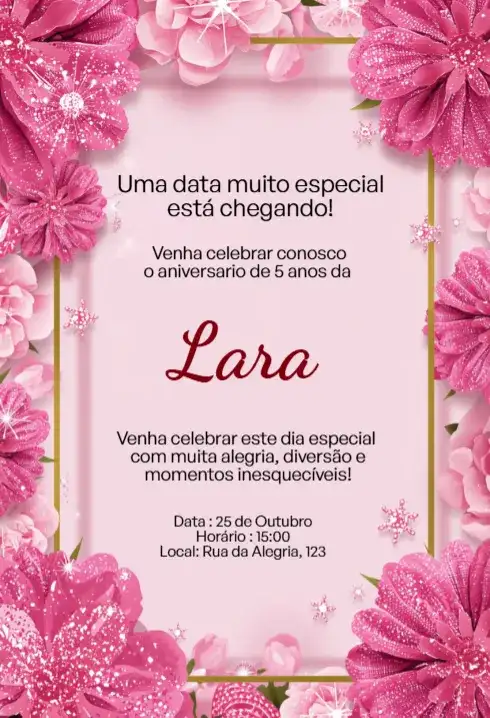Convite Floral Rosa com Glitter Editável para Aniversário Infantil