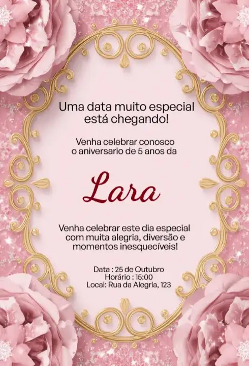 Convite Floral Rosa com Moldura Arabesco Dourada Editável para Aniversário Infantil