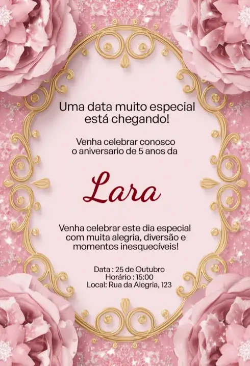 Convite Convite Floral Rosa com Moldura Arabesco Dourada Editável para Aniversário Infantil – tema Aniversário Infantil floral, dourado, delicado, feminino, colorido, moderno
