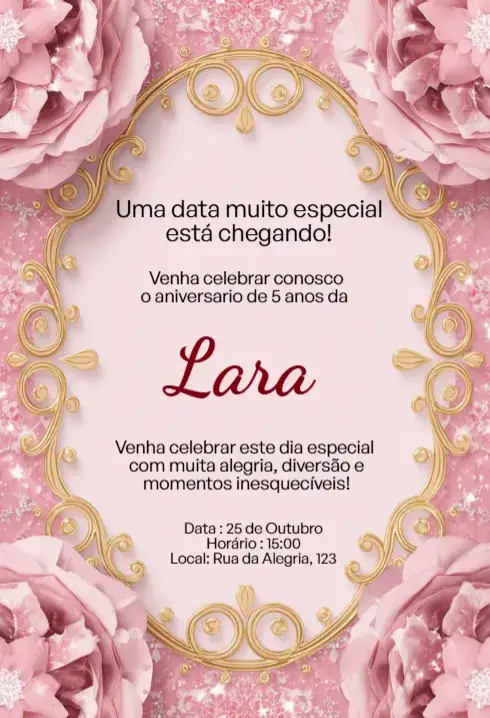 Editable Pink Floral Invitation with Golden Arabesque Frame for Children's Birthday