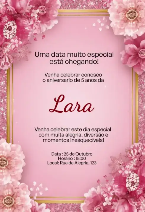 Convite Convite Floral Rosa com Moldura Dourada Editável para Aniversário Infantil – tema Aniversário Infantil floral, rosa, dourado, delicado, feminino, moderno