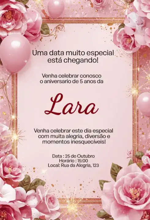Convite Floral Rosa com Moldura Dourada Editável para Aniversário Infantil