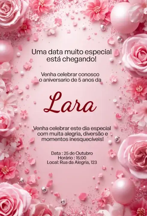Convite Floral Rosa Editável para Aniversário Infantil