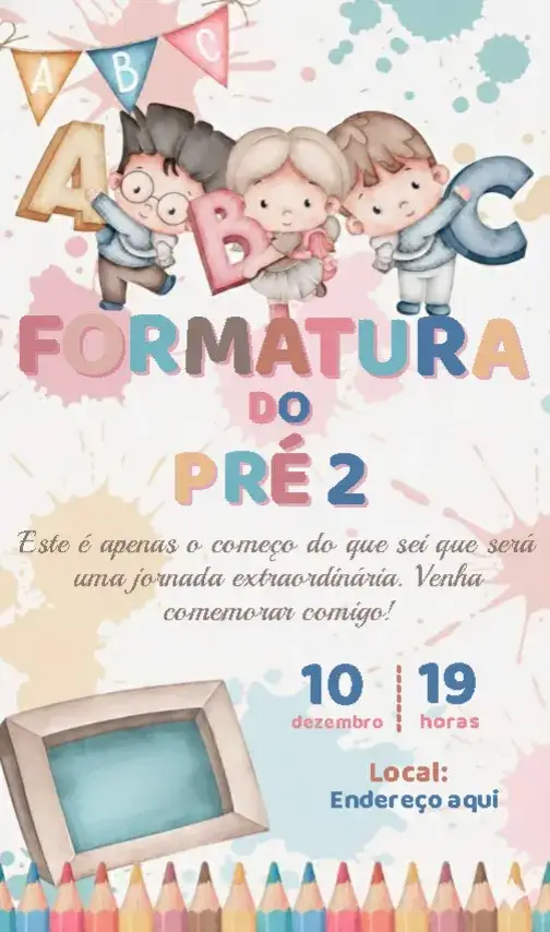 Convite Convite Formatura Infantil Aquarela – tema Formatura aquarela, colorido, infantil, divertido, artístico, criativo