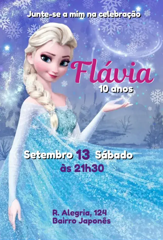 Invitación Convite Frozen – tema Aniversário Infantil azul claro, branco, gelo, neve, temática de princesa, elementos gráficos do filme