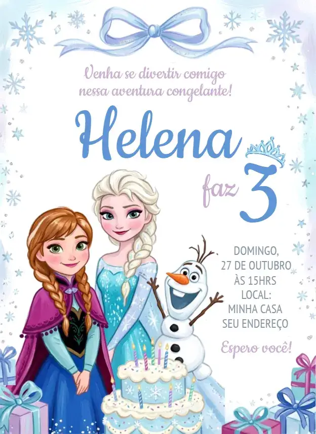 Convite Convite Frozen – tema Aniversário aquarela, inverno, colorido, mágico, infantil, fantasia