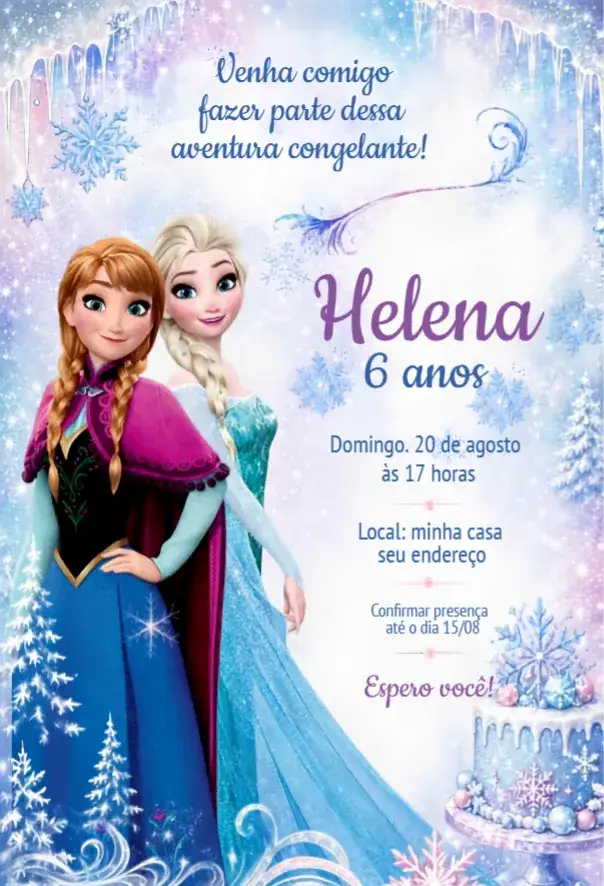 Convite Convite Frozen – tema Aniversário azul claro, branco neve, elementos de inverno, colorido e divertido, ilustrações de personagens, estilo lúdico