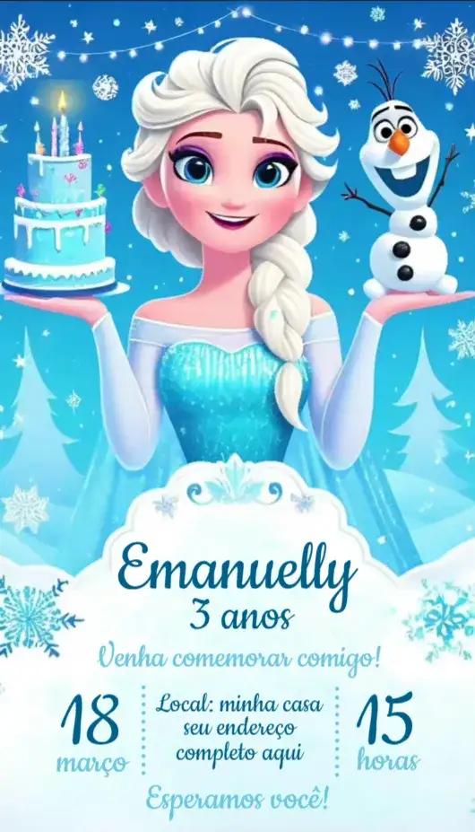 Convite Convite Frozen – tema Aniversário azul gelado, branco nevada, elementos de neve, ilustrações de princesas, estilo divertido, detalhes brilhantes