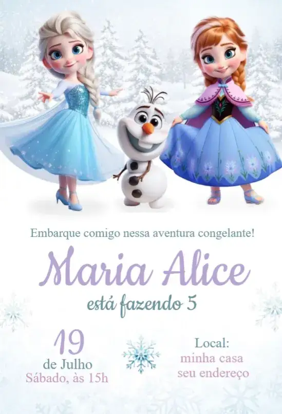 Convite Convite Frozen – tema Aniversário neve, mágico, colorido, infantil, fantasia, divertido