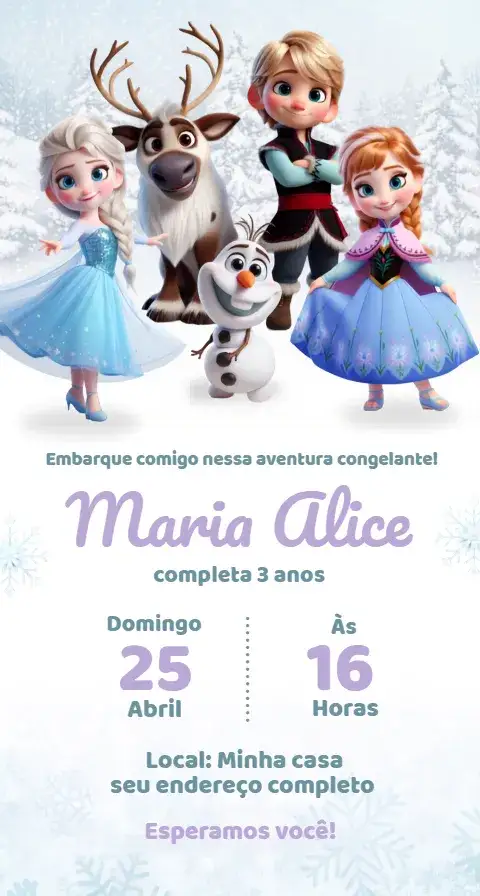 Convite Convite Frozen – tema Aniversário azul gelo, branco nevado, elementos gráficos divertidos, ilustrações de personagens, estilo lúdico, toque mágico