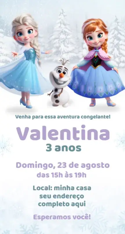 Convite Convite Frozen – tema Aniversário colorido, mágico, inspirado no inverno, personagens Disney, neve, lúdico