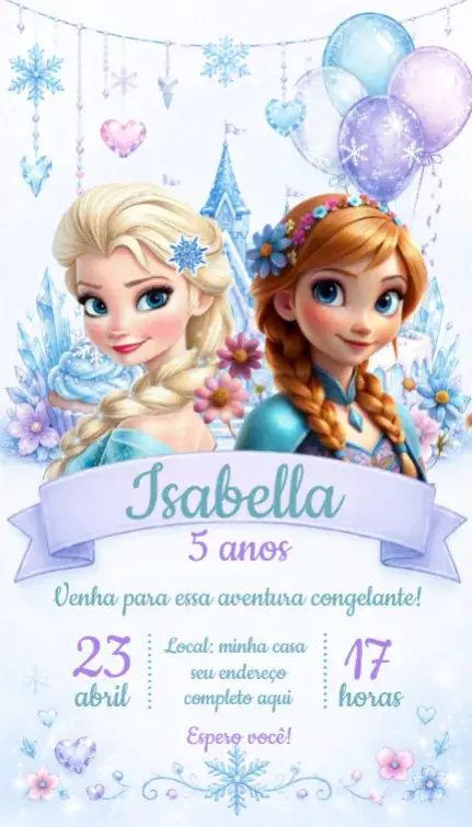 Convite Convite Frozen – tema Aniversário aquarela, gelo, neve, mágico, infantil, colorido