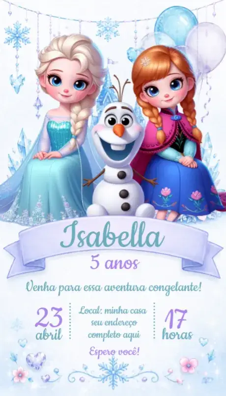 Convite Convite Frozen – tema Aniversário aquarela, temática Frozen, neve, cores suaves, personagens encantados, estilo lúdico