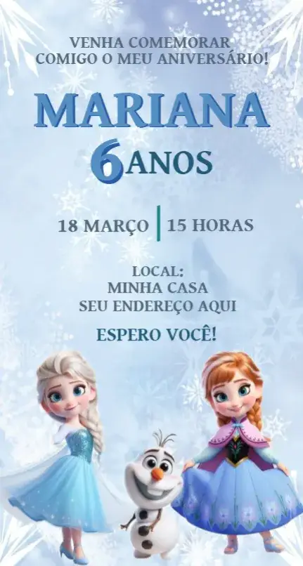 Convite Convite Frozen – tema Aniversário azul e branco, inverno, personagens da Disney, neve, aventura, mágico