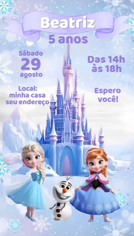 Convite Convite Frozen – tema Aniversário azul, neve, tema de inverno, mágico, divertido, colorido